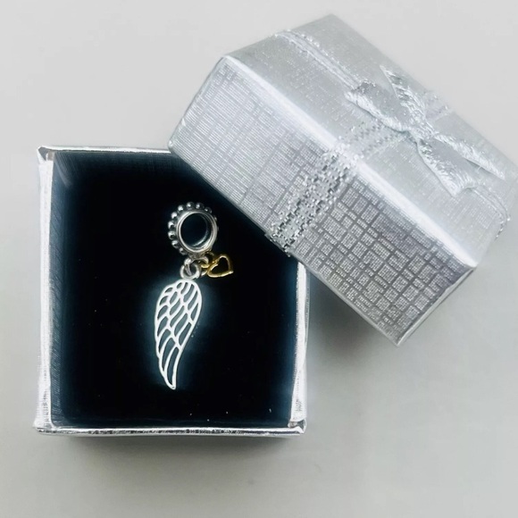 S925 Sterling Silver Dangling "Angel Wing and Gold Heart" Charm~Fits Pandora NEW - Picture 3 of 7